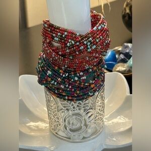 Set Of Handmade Bohemian Bracelets Beaded & One Metal Cuff Multicolor Silver